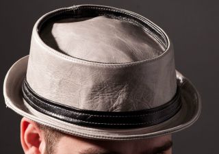 Jill Corbett grey/black leather pork pie hat with band Made in