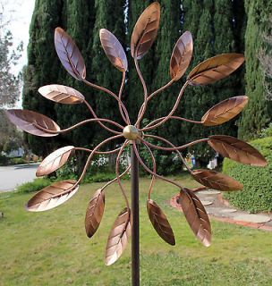 Copper Kinetic Wind Sculpture Dual Spinner   Spinning Ficus Leaves