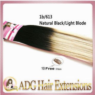 New 20 Indian Remy Dip Dye Human Hair Weft/Clip in NatuaBlack/blonde