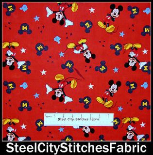 Mickey Mouse Animated Toss Star Mouse Ears Blue Red Cotton Fabric YARD