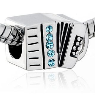 PUGSTER ACCORDION BLUE CRYSTAL MAR STONE SILVER TONE CHARM BEAD FOR