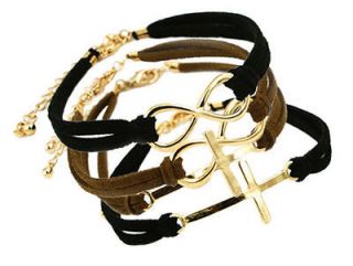 Mens Infinity Cross Leather and Hemp Surfer Wristband Bracelet Plaited