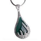 Silver Pendant With Green Agate Stone Marcasite Flame Design Jewelry