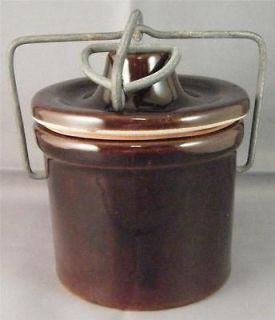 Brown Stoneware Ceramic Cheese Butter Crock Pot w/ Wire Bail & Lid