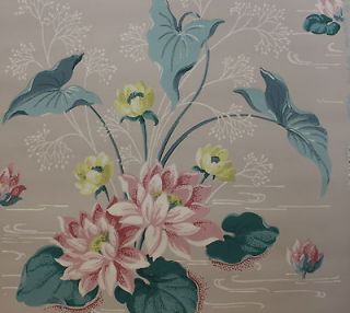 1940s Vintage Wallpaper Pink Water Lilies and Teal leaves