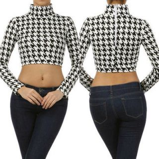 XL CROPPED TOP LONG SLEEVE HOUNDSTOOTH MOCK NECK SHIRT BELLY