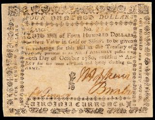 VIrginia Colonial Currency October 16, 1780 $400 Note for Clothing