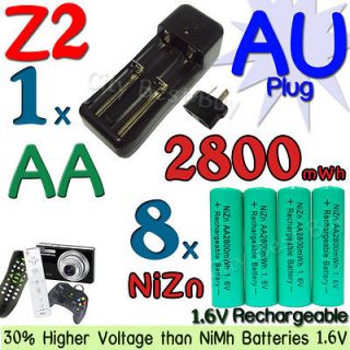 AA Green 2800mWh NiZn 1.6V Volt Rechargeable Battery AU Charger Z2