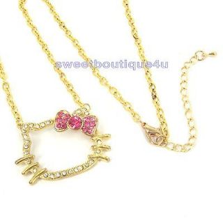 Fashion Pink Bow hellokitty cat head Rhinestone Gold pendant necklace