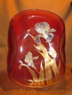 Stunning Mont Joye Legras Cranberry Art Glass Bowl with Enameled Iris