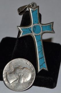 NICE 950 SILVER CROSS NECKLACE PENDANT WITH BLUE INLAY DESIGN