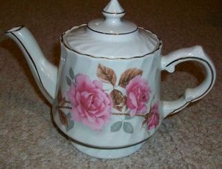 Ellgreave Wood & Sons Ironstone Pink Rose Teapot England Gold Accents