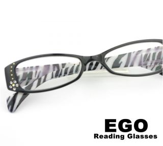Black with Zebra Geek crystal Reading Glasses NERD Rhinestone Readers