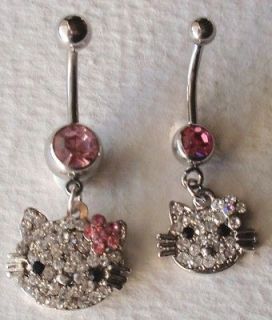 SPARKLY CRYSTAL HELLO KITTY DANGLE BELLY RING   choose flower color