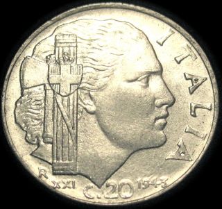Italy 1943R(Yr .XXI) Twenty Centesimi Coin World War II Coin