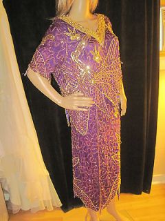 Vintage 1980s Purple Silk Gold Sequins Skirt & Blouse by Channa Size