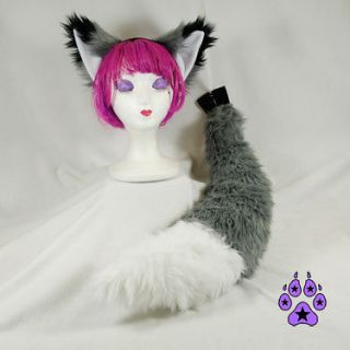 GREY FOX EArs TAIL cosplay COSTUME rave goth FURRY kitty wolf NARUTO
