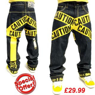 Yellow Caution Raw Time Turn Up Jeans Hip Hop Loose Fit is by Dirty