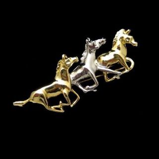 Vintage 3 Galloping Running HORSES Figural Brooch Pin Two Tone Metals