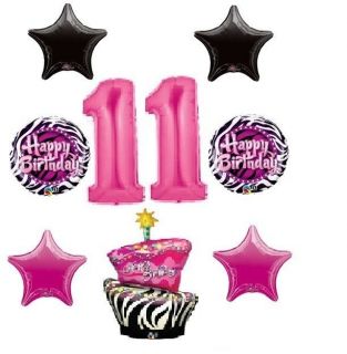 ZEBRA PINK BLACK 11th birthday party supplies BALLOONS ELEVENTH tween