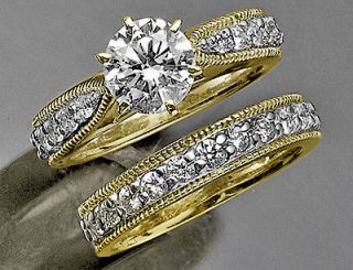 Bridal Round Cut Vintage Diamond Engagement Ring Set 14k Yellow Gold