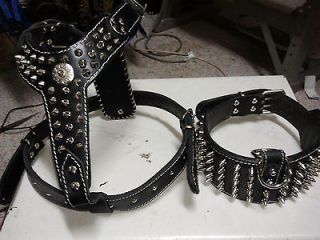 real kalf leather spiked dog harness and collar set hand made custom