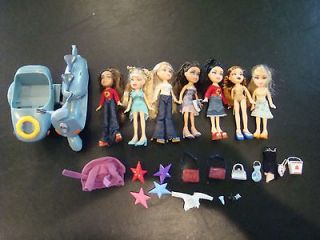 OF 7 FULLY DRESSED LIL BRATZ DOLLS W/ SCOOTER & SIDE CAR & ACCESSORIES