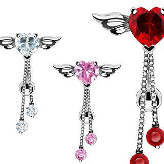 Reversed Angel Winged Heart Navel belly ring Double Chained Prong