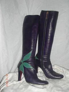 Michel Perry Purple Burgundy & Green, Knee High Leather Boots, Italy