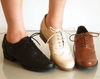 New Womens Classic Brogued Lace Up Oxfords Low Heels
