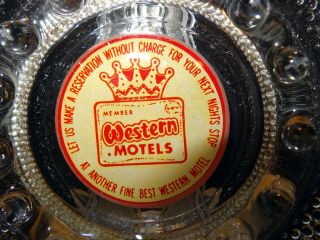 Vintage Western Motel Round Ashtray Clear Glass Amber Red Logo Googie