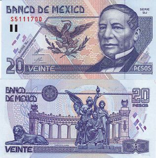 Paper Money Mexico $ 20 Pesos Juarez 25 April, 1999 UNC SN S5111700.