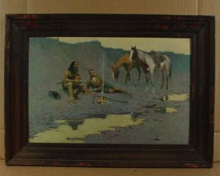 Two Cowboys w Buckskin Shirts & Horses Campfire Frederic Remington