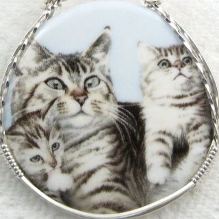 Gray Tabby Cat With Kittens Porcelain Cameo Pendant Sterling Silver