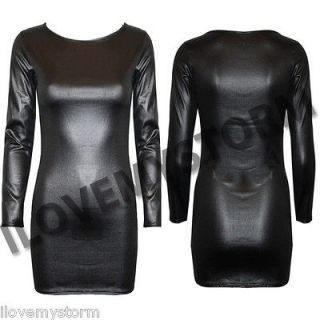 WET LOOK LONG SLEEVE PVC LEATHER DRESS WOMENS BODYCON TUNIC TOP 8 14