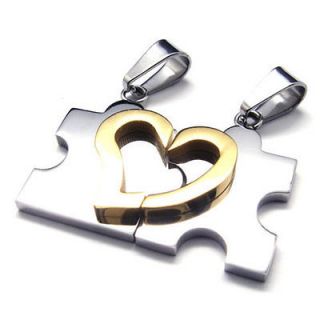 Silver Gold Couples Love Heart Puzzle Stainless Steel Pendant Mens