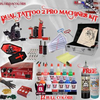 Pro Tattoo Kit Dual Power Supply Machine Gun 12 full Sz USA Color Ink