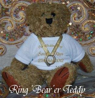 Wedding Ring Bearer Teddy   Gold Ribbon Personalised Ring Cushion