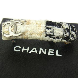 Authentic CHANEL Vintage CC Logos Hair Barrette Tweed White With Box