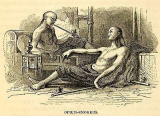 1869 Wood Engraving Opium Smoking Pipe Chinese Traditional Drug Asian