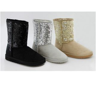NEW! Womens Comfy Casual Flat Ankle Winter Boots w/ Sequins and Faux