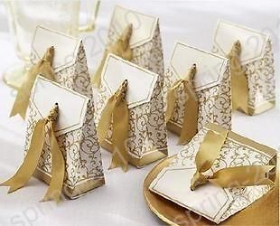 100pcs Gold Ribbon Wedding Favor Candy Boxes Golden Wedding Party Gift