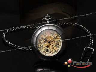 Mechanical Mens Watches Skeleton Pocket Watch With Chain + Magnifier