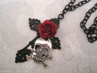 SKULL BLACK CROSS RED ROSE* Chain Necklace Gothic