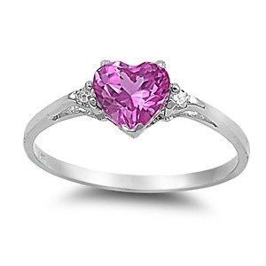 Sterling Silver Rose Pink CZ Heart Ring Love Rhodium Finish Band Solid