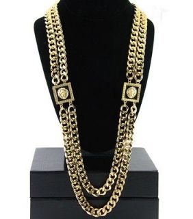 Polished GoldTone Double Long Chain Necklace w Lion Medallions Versace