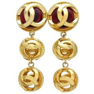 Authentic vintage Chanel earrings CC logo round dangle red stone COCO