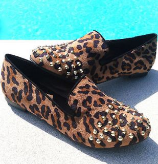 TRENDY LEOPARD PRINT SUEDE GOLD STUDDED SMOKING LOAFER WOMENS