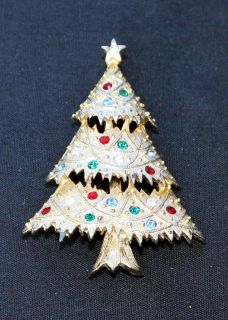 Vintage Signed EISENBERG ICE Goldtone Rhinestones CHRISTMAS TREE Pin