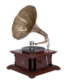 Antique Replica Dark Wood Phonograph Gramophone with Large Engraved